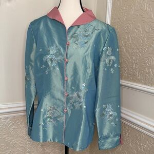 Chic Embroidered Women's Blazer in Blue and Pink